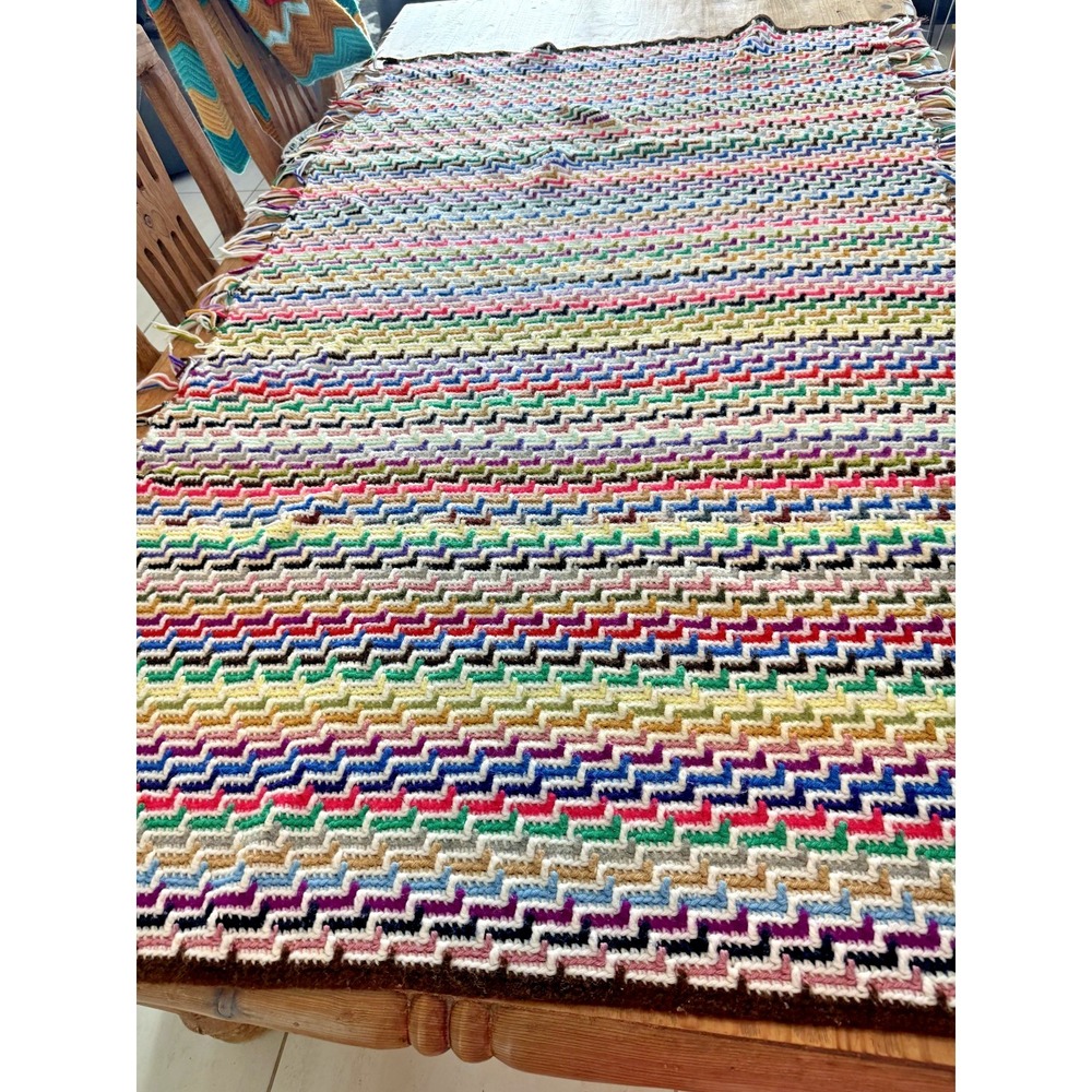 Hand Woven Wool Blend Multicolor Blanket Throw 71″ × 38″ Boho Zig-Zag Pattern